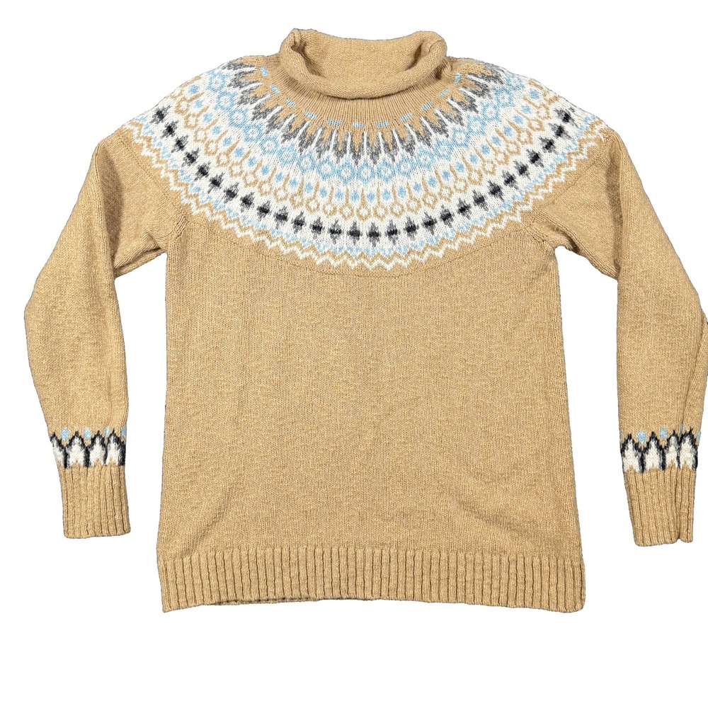 LL Bean Womens Large Fair Isle Mock Neck Cotton Sweater Tan Blue 510902